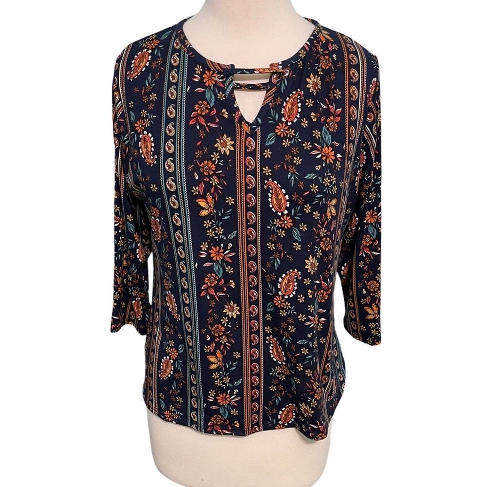 Tiffany Grey Floral Bar Blouse Petite Medium‎